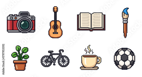 Pixel art icons of hobbies: camera, guitar, book, paintbrush, plant, bicycle, coffee, soccer ball