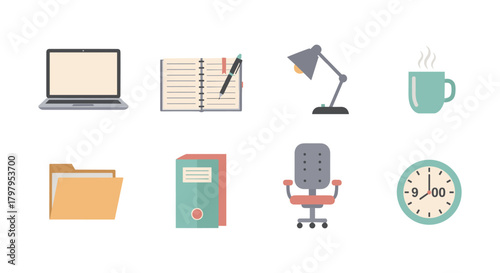 Modern office essentials with minimal design: laptop, notebook, lamp, and more