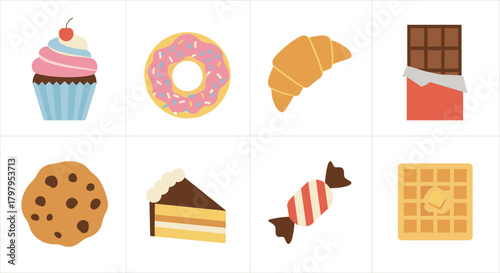 Assorted sweet treats: cupcake, donut, croissant, chocolate, cookie, cake, candy, waffle