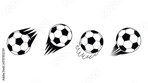 Four vector outline soccer balls in dynamic motion with speed trails, illustrating football game action, athletic energy, speed, and sports concept