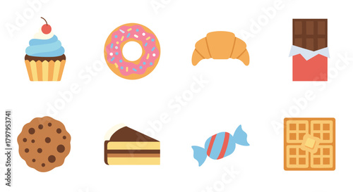 Assorted dessert icons: cupcake, donut, croissant, chocolate, and more in flat style
