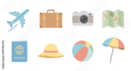 Travel essentials icons: airplane, luggage, camera, map, passport, hat, ball, umbrella