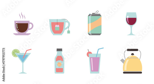 Flat style beverage icons featuring coffee, tea, soda, wine, and cocktail glasses