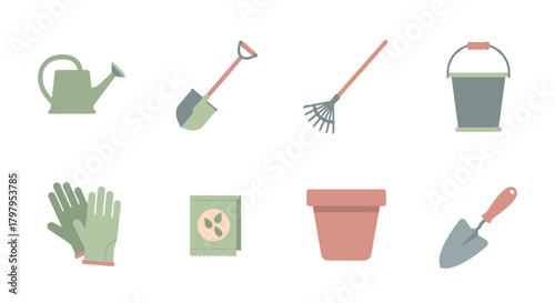 Essential gardening tools collection with flat design elements for horticulture and home gardening