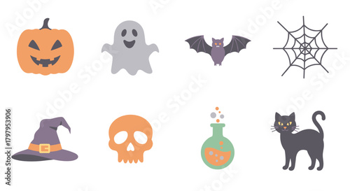 Halloween icons set with ghost, pumpkin, bat, and spider web in flat design style
