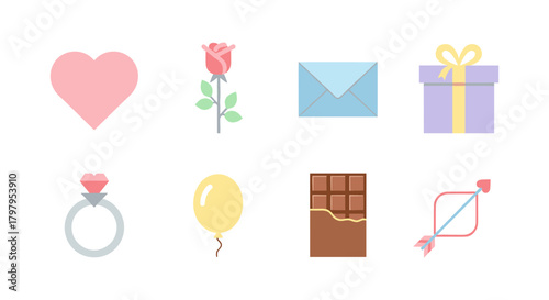 Romantic pastel icons of heart, rose, gift, ring, balloon, chocolate, arrow, and envelope