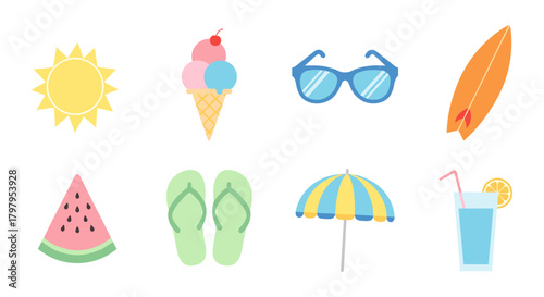 Colorful summer icons featuring sun, ice cream, sunglasses, flip flops, and more in flat design