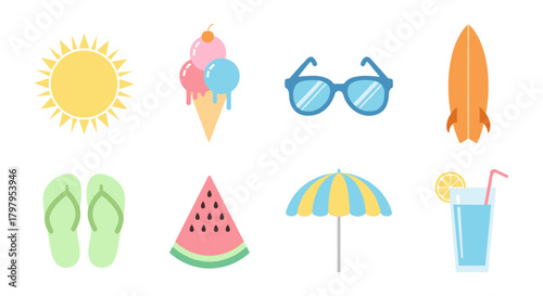 Summer icon set: sun, ice cream, sunglasses, surfboard, flip-flops, watermelon, umbrella, lemonade