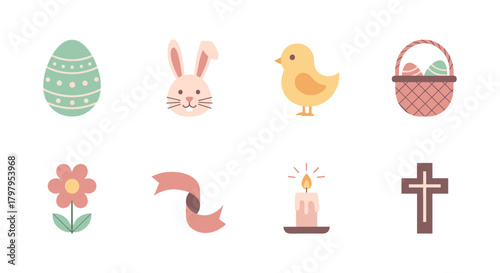 Pastel easter icons featuring bunny, egg, chick, basket, flower, ribbon, candle, cross