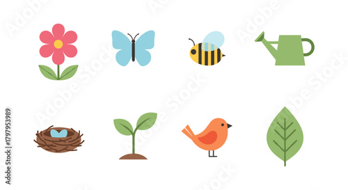 Flat nature icons set with spring elements and garden symbols