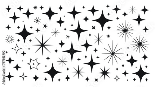 Collection of diverse black star and sparkle shapes, decorative elements for celebrations, magic, light, and festive designs, celestial beauty pattern