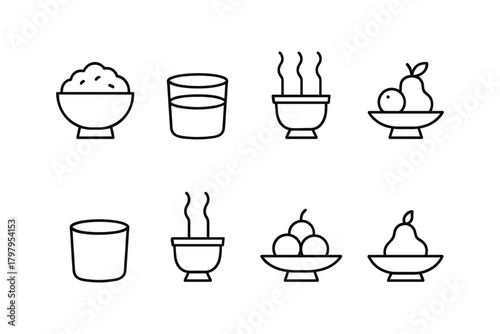 Minimalist icons of food and drinks featuring simple line art design