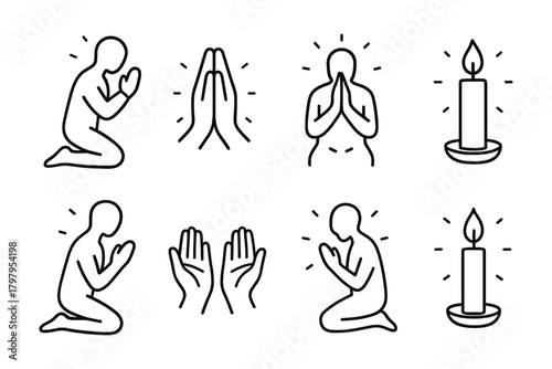 Minimalist line art: meditation and prayer icon set with candle illustrations
