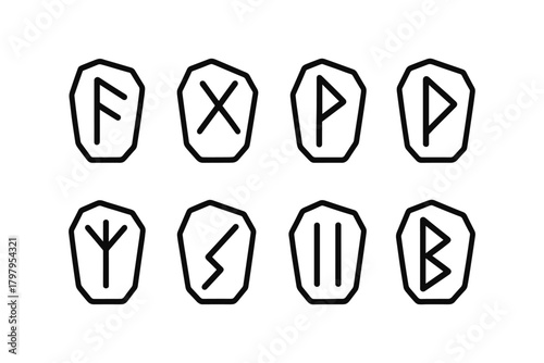 Nordic runes set: minimalist black outline symbols on white background