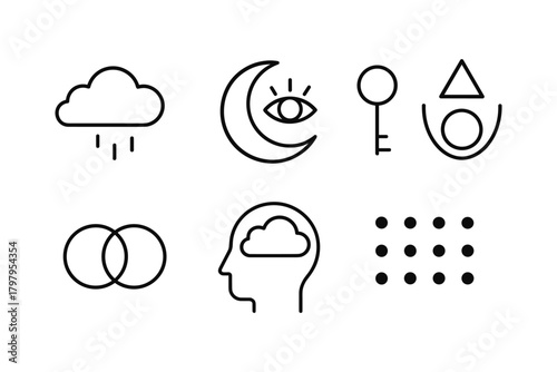 Minimalist icons with cloud, moon, key, and mind themes in black outline style