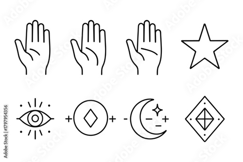 Minimalist icon set featuring hands, star, eye, moon, and geometric symbols
