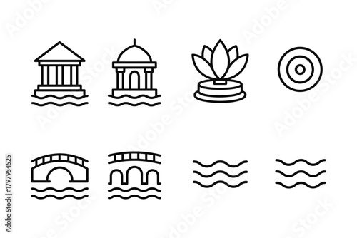 Minimalist linear icons of water-themed structures and symbols