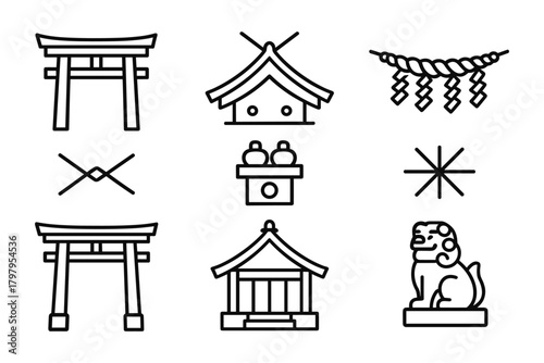 Traditional japanese shrine symbols: torii gates, shinto rope, and guardian statues in linear style