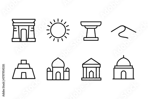 Outline icons of global landmarks with minimalist design style