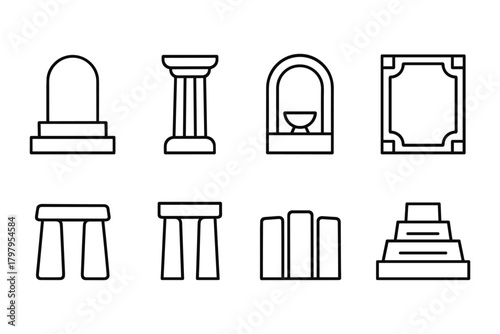 Minimalist line art of various historical monuments and structures