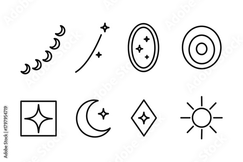 Minimalist celestial shapes with stars and moon in linear black style