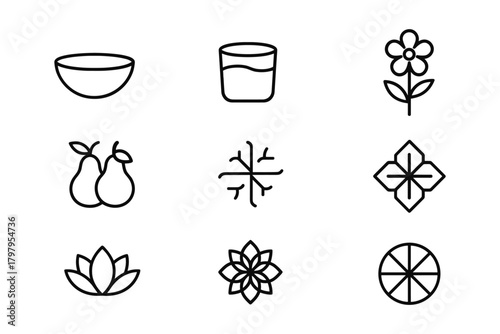 Minimalist line art icons featuring fruits, flowers, and geometric shapes