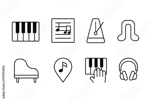 Minimalist music icon set featuring piano, notes, and headphones in linear style