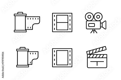 Minimalist icons of film equipment: camera, clapboard, and more