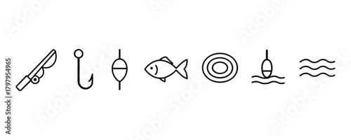 Linear fishing icons: rods, hooks, and bait in simple black design