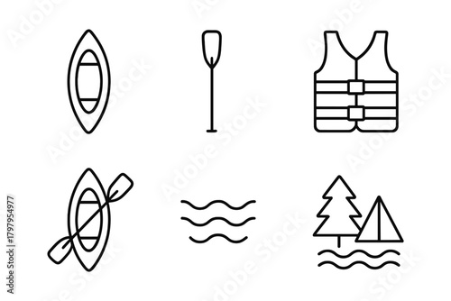 Minimalist kayaking icons set with canoe paddle and life jacket