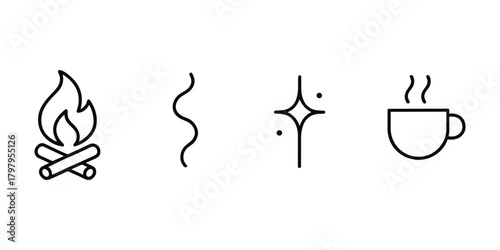 Minimalist line icons of fire, steam, sparkle, and hot beverage