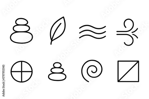 Minimalist icons: zen stones, leaf, waves, wind, and geometric shapes