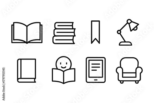 Minimalist icons of reading and study elements for educational themes