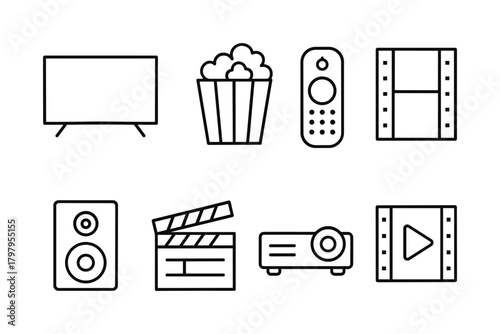 Minimalist home cinema icons set for entertainment and media enthusiasts