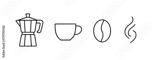 Minimalist coffee icons featuring espresso maker, cup, bean, and steam elements