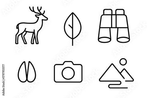 Minimalist wildlife and nature icons including deer, leaf, binoculars, and camera