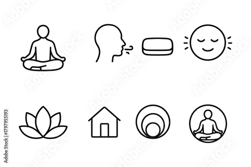 Mindfulness and wellness icons: meditation, yoga, and relaxation in linear style