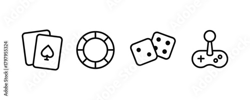 Line art gaming icons: cards, dice, gaming, and chips set