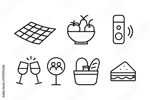 Simple line icons of food, celebration, and household items