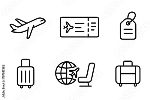 Minimalist travel icons: airplane, ticket, luggage, and global travel symbols
