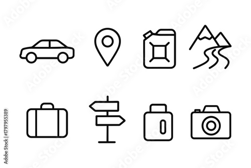 Essential linear travel icons for navigation and exploration