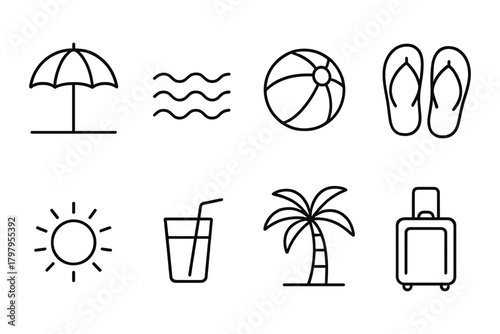 Minimalist beach icon set: summer essentials for travel and leisure