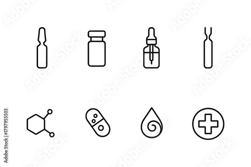 Minimalist medical icons: syringe, bottle, molecule, capsule, drop, cross