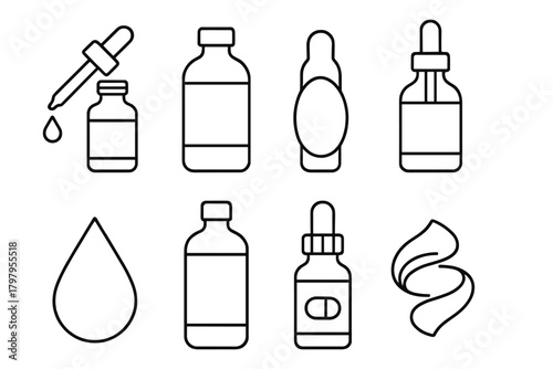 Minimalist black and white skincare bottle icons set for beauty and wellness designs