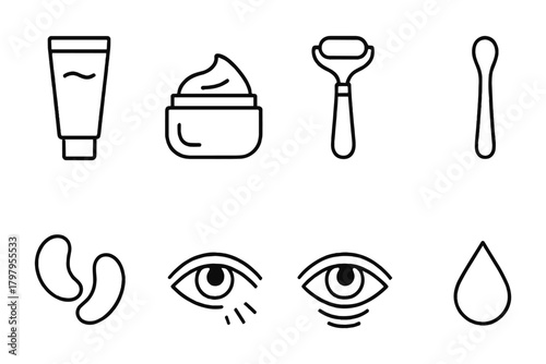Minimalist icons of skincare products and beauty tools in black outline style