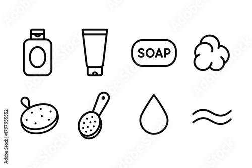Minimalist outline icons of bath items for personal care and hygiene