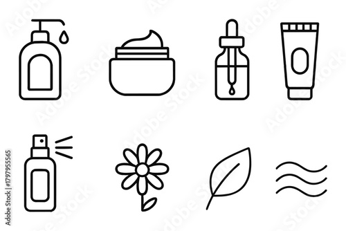 Minimalist personal care icons set: skincare, beauty, nature, and wellness essentials