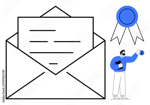 Letter in an open envelope, blue certificate icon, and a professional holding documents. Ideal for communication, achievement, certification, professionalism, success recognition education. Simple