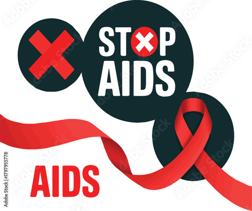 Red ribbon and text Stop A I D S with red cross symbols AIDS awareness stop AIDS