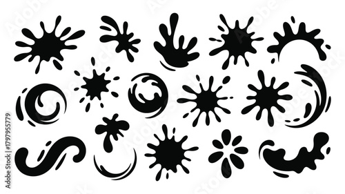 Ink splatter and splash collection, set of abstract liquid drops, paint stains, and fluid elements on white background for graphic design and decoration needs